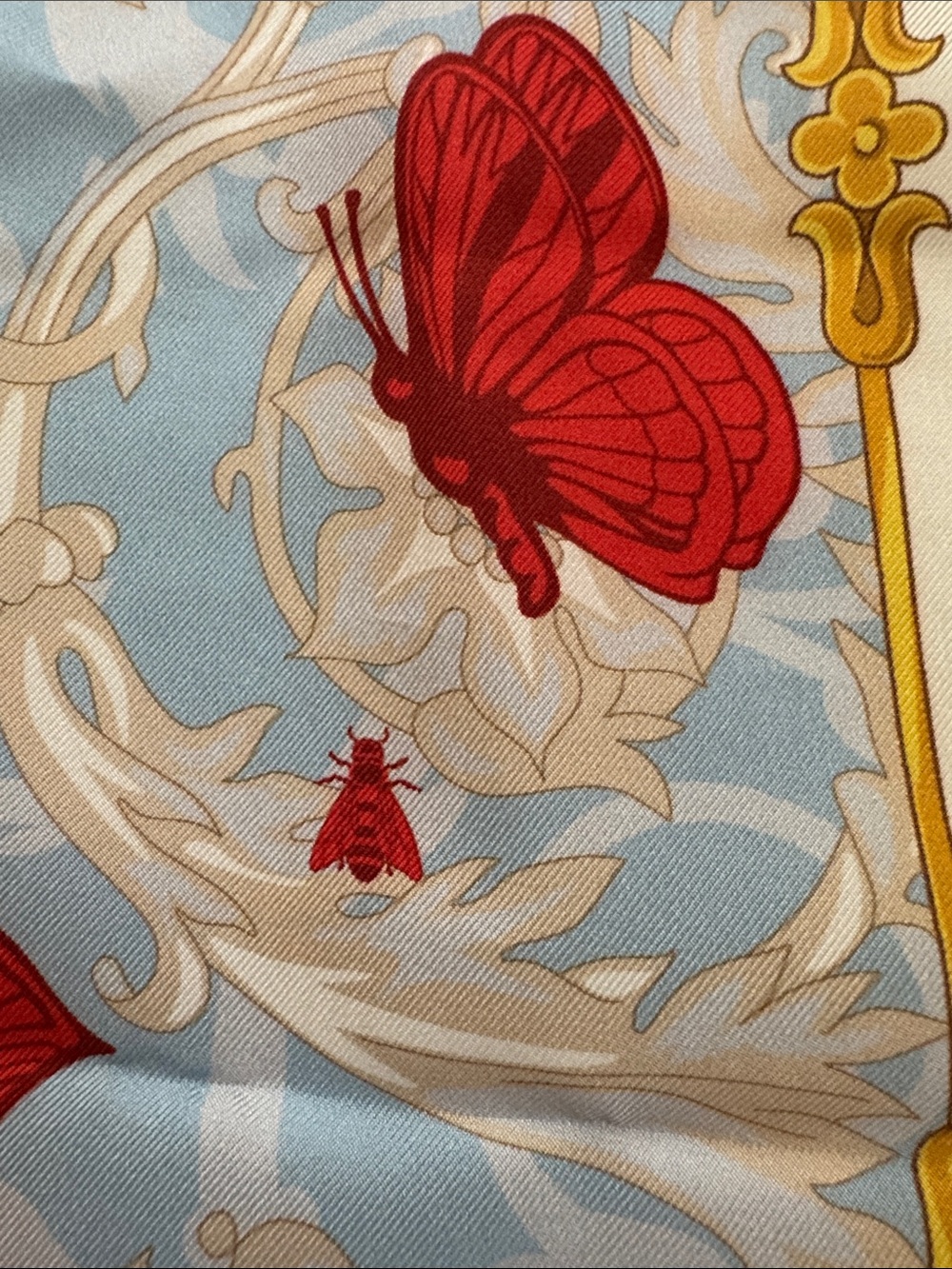 Versace NWT Red & Pale Blue Butterfly Silk Scarf with Gold Accents in BOX - Picture 7 of 12